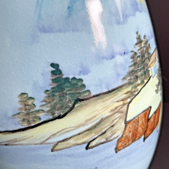 LARGE BLUE ORIENTAL CHINESE HAND PAINTED PORCELAIN VASE MOUNTAIN VILLAGE DESIGN - Picture 8 of 10